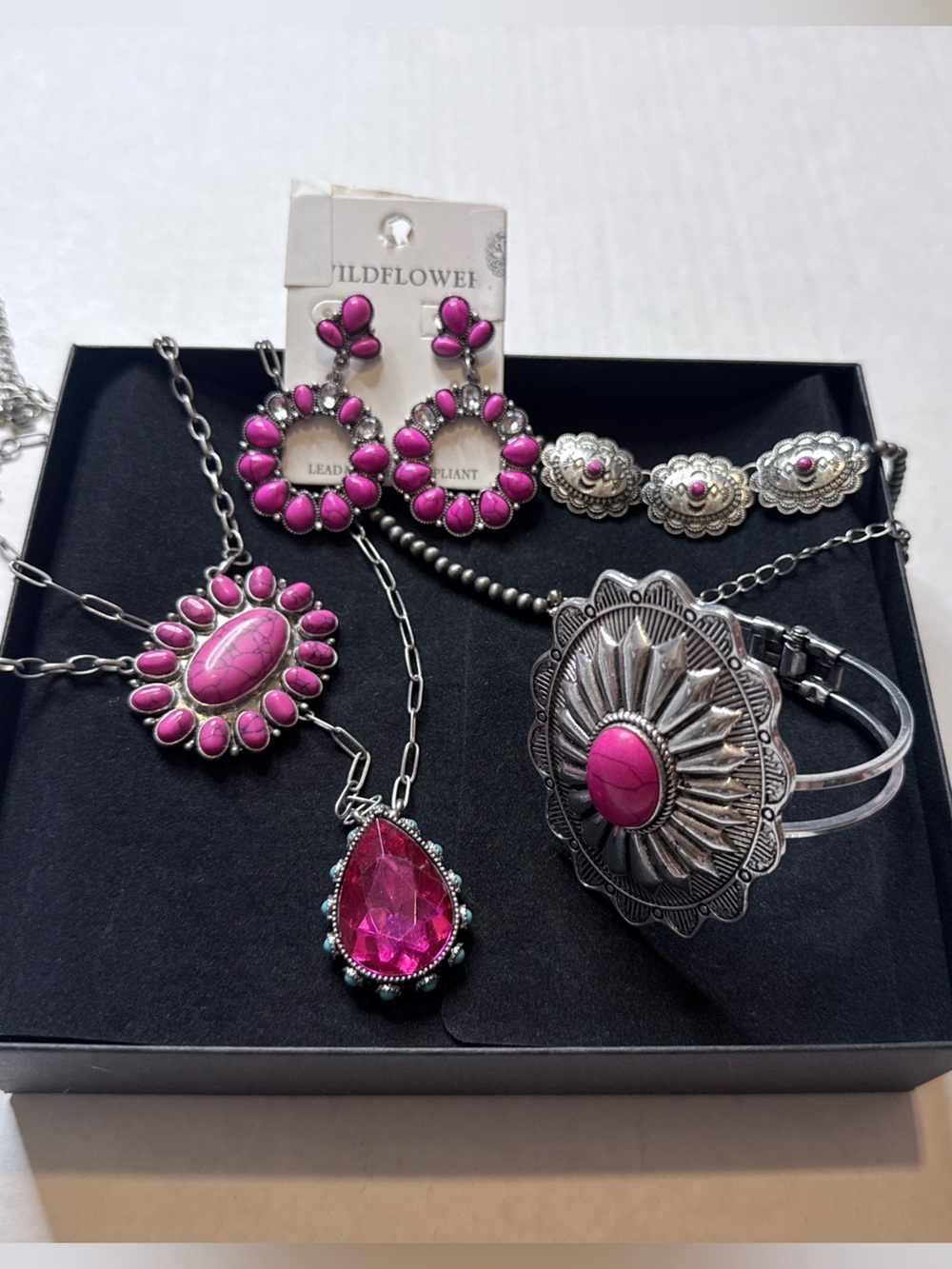 Bright Pink Stone Necklace and Bracelet Set by Wildflowers